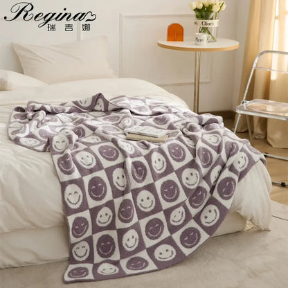 Knitted checkboard smile face gray & white blanket bedroom throw