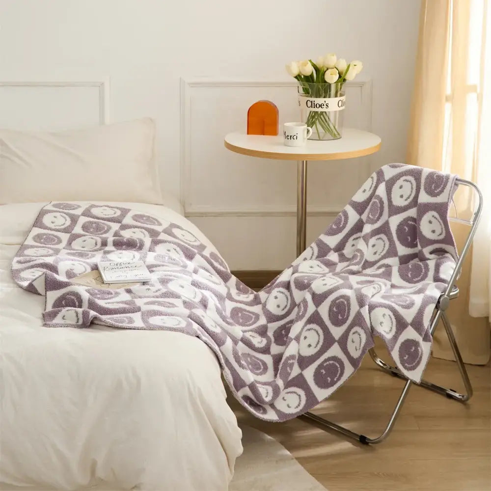 Knitted checkboard smile face gray & white blanket bedroom throw
