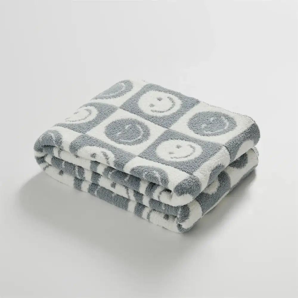 Knitted checkboard smile face gray & white blanket bedroom throw