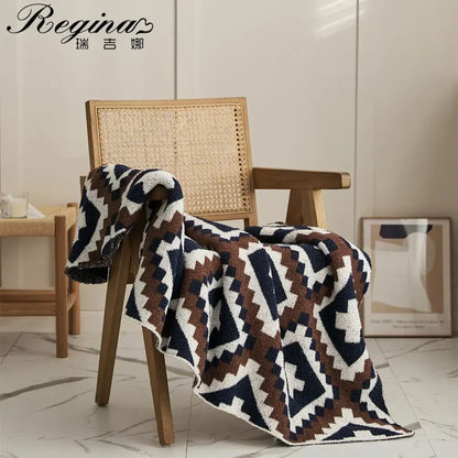 Knitted geometric quilt blanket – cream & gray living room throw