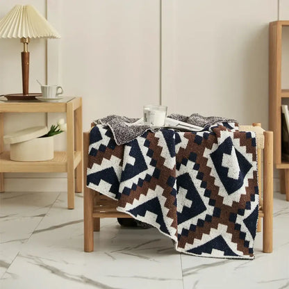 Knitted geometric quilt blanket – cream & gray living room throw