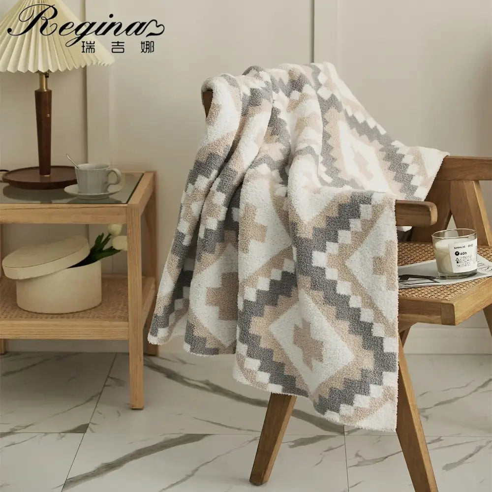 Knitted geometric quilt blanket – cream & gray living room throw