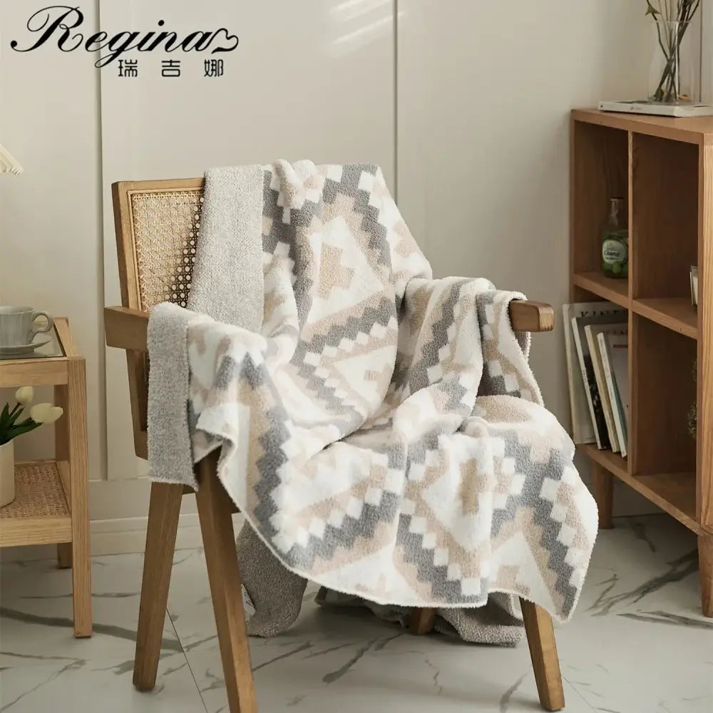 Knitted geometric quilt blanket – cream & gray living room throw
