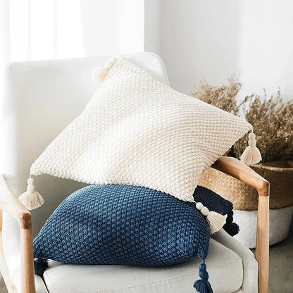 Knitted grey ivory geometric pillow cover set living room tassels