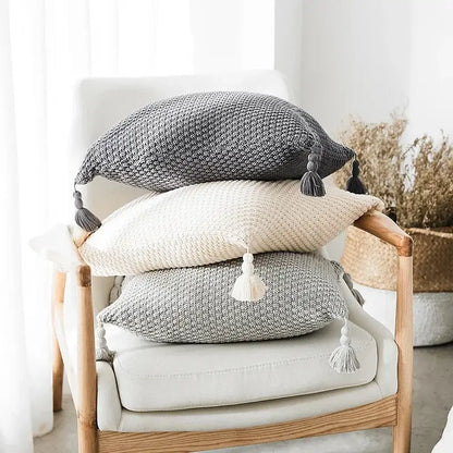 Knitted grey ivory geometric pillow cover set living room tassels