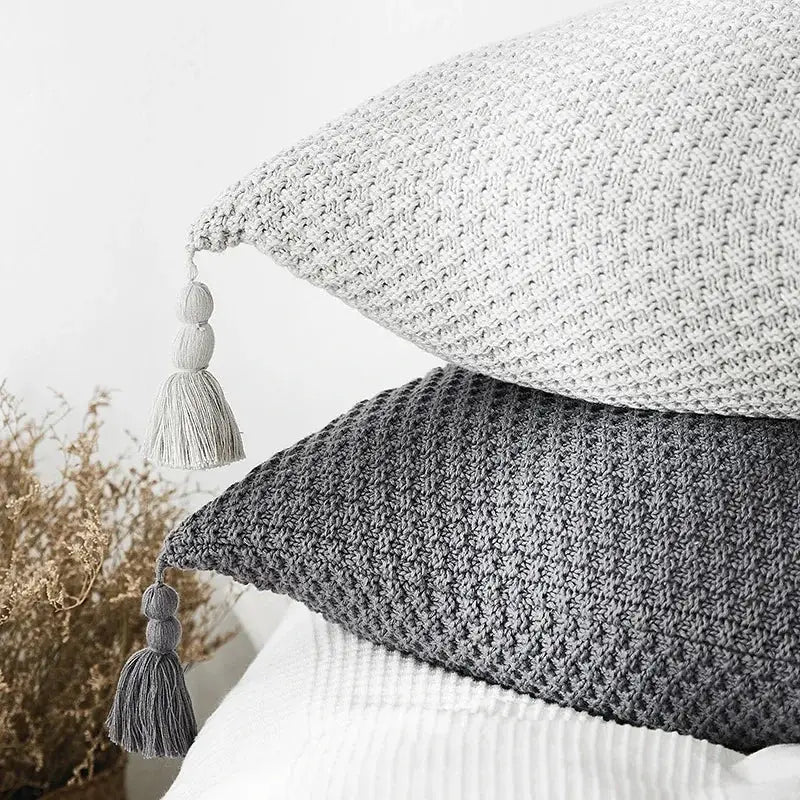 Knitted grey ivory geometric pillow cover set living room tassels