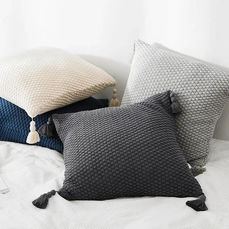 Knitted grey ivory geometric pillow cover set living room tassels