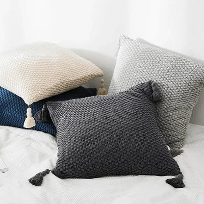 Knitted grey ivory geometric pillow cover set living room tassels