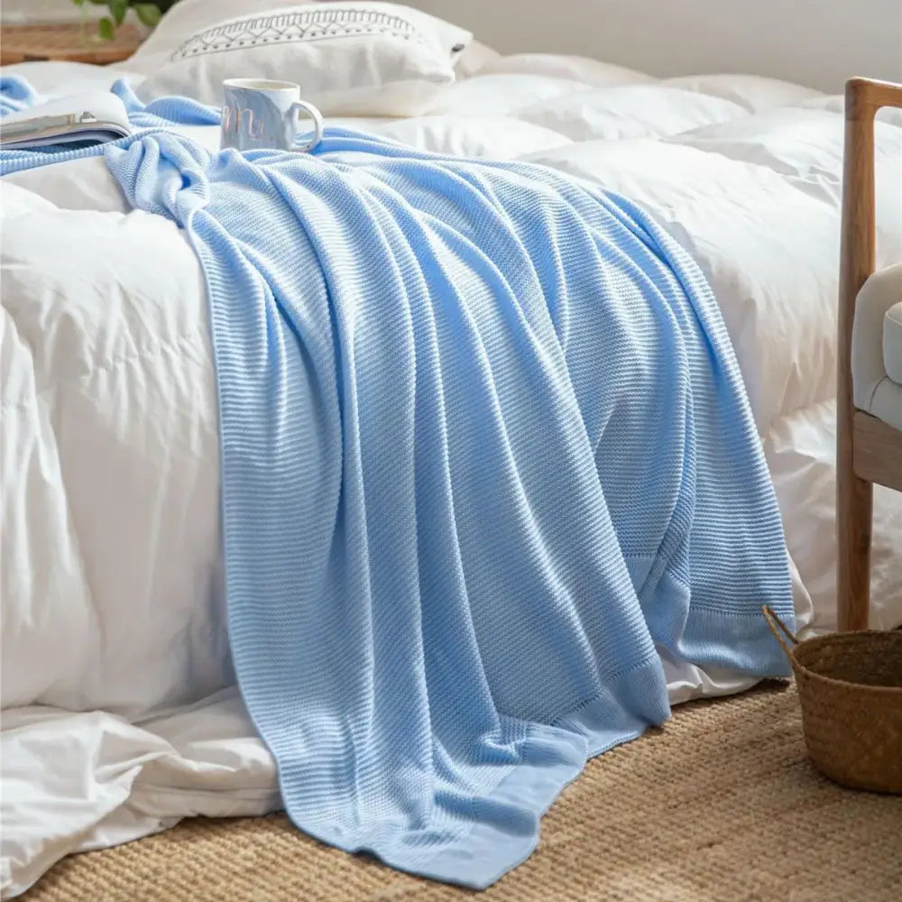 Knitted light blue bamboo cooling throw blanket – bedroom bedding