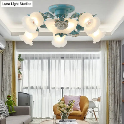 Korean garden flower teal frost glass ceiling light bedroom
