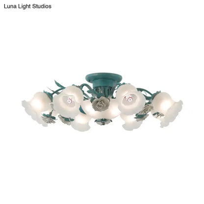 Korean garden flower teal frost glass ceiling light bedroom