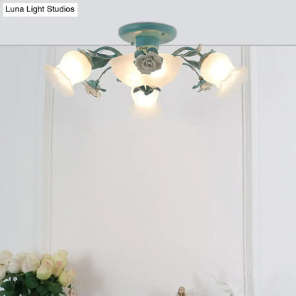 Korean garden flower teal frost glass ceiling light bedroom