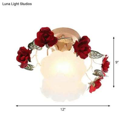 Korean garden ruffle frost white glass ceiling light bedroom rose deco