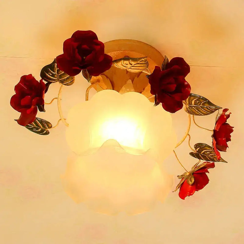 DecorBites™ Korean Garden Ruffle Semi Flush Mount Lamp - Frost White Glass Ceiling Light with Red Rose Deco