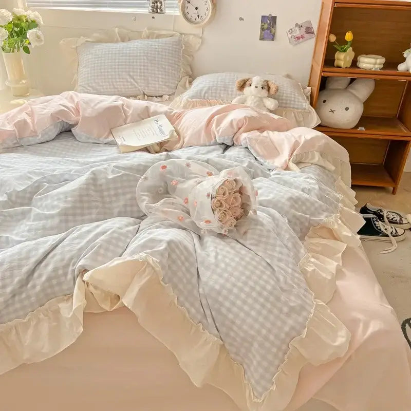Korean grid lace blue & white gingham bedding set bedroom duvet cover