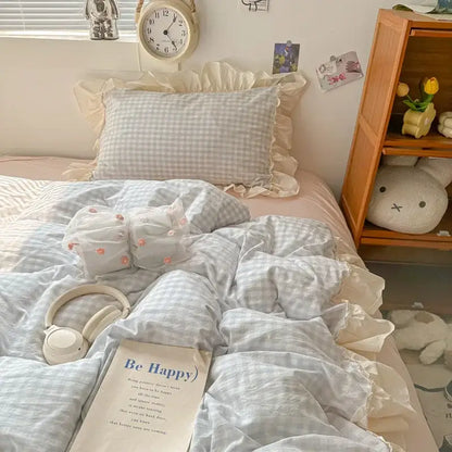 Korean grid lace blue & white gingham bedding set bedroom duvet cover