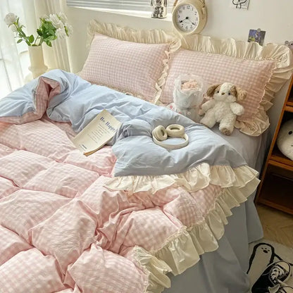 Korean grid lace blue & white gingham bedding set bedroom duvet cover