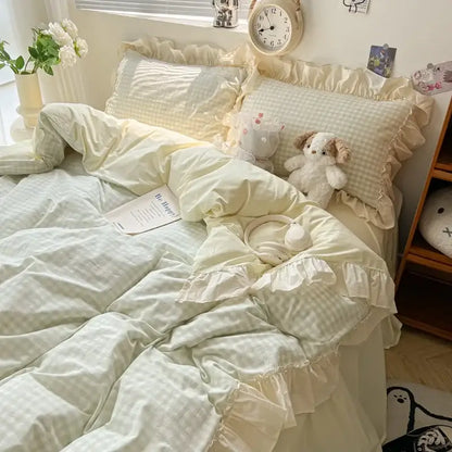Korean grid lace blue & white gingham bedding set bedroom duvet cover