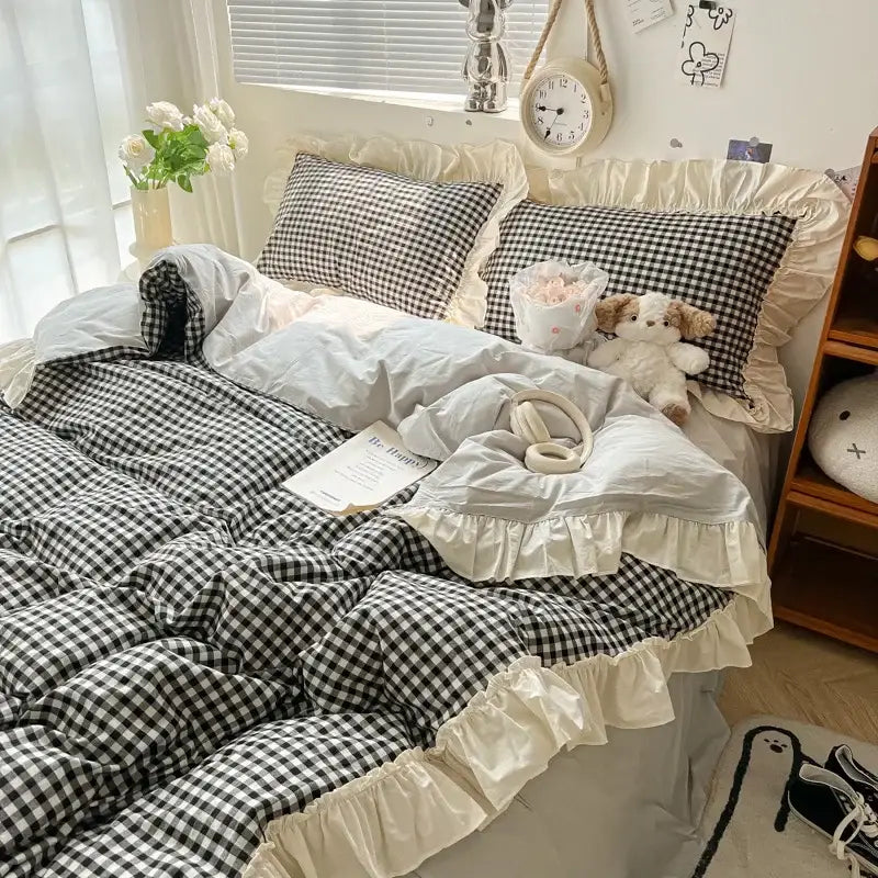 Korean grid lace blue & white gingham bedding set bedroom duvet cover