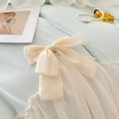 Korean lace bow bedding set blue & cream ruffled bedroom decor