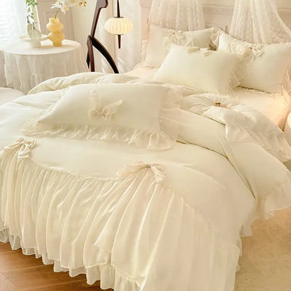 Korean lace bow bedding set blue & cream ruffled bedroom decor