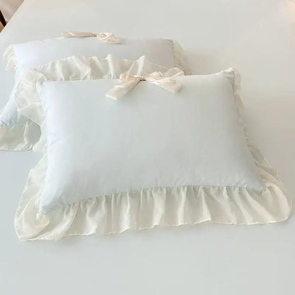 Korean lace bow bedding set blue & cream ruffled bedroom decor