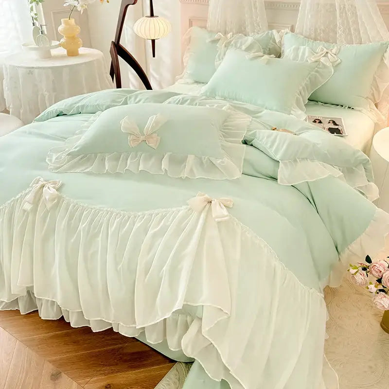 Korean lace bow bedding set blue & cream ruffled bedroom decor