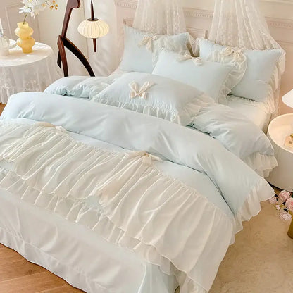 Korean lace bow bedding set blue & cream ruffled bedroom decor