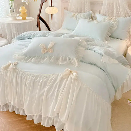 Korean lace bow bedding set blue & cream ruffled bedroom decor