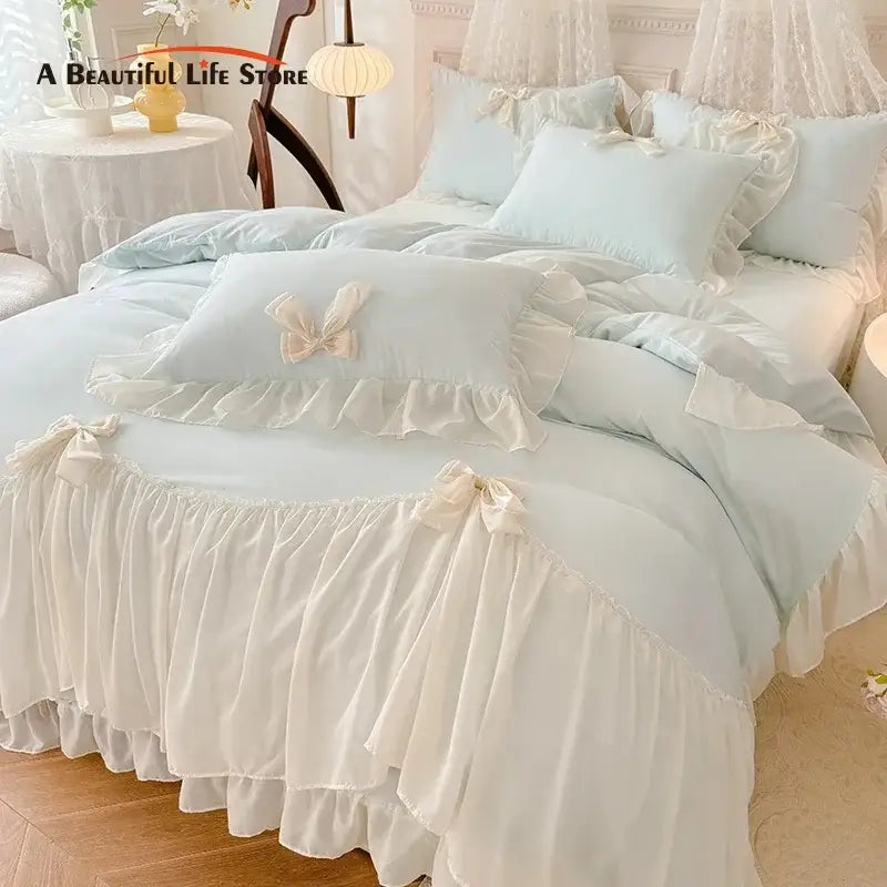 Korean lace bow bedding set blue & cream ruffled bedroom decor