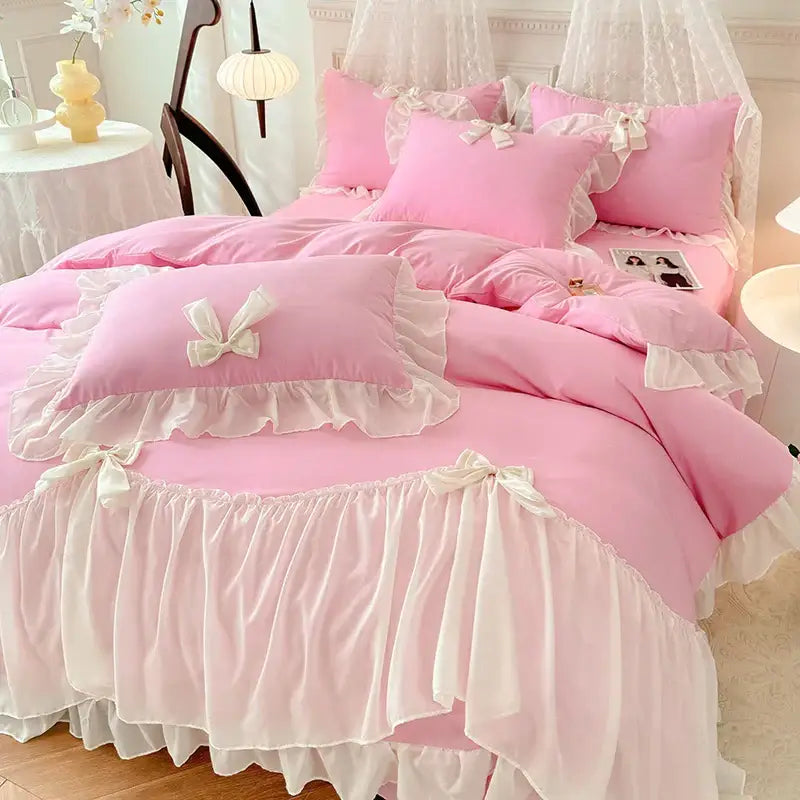 Korean lace bow bedding set blue & cream ruffled bedroom decor