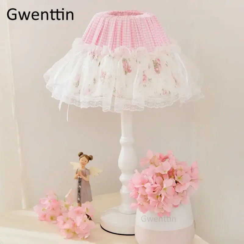 Korean lace princess white table lamp bedroom floral light