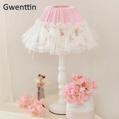 Korean lace princess white table lamp bedroom floral light