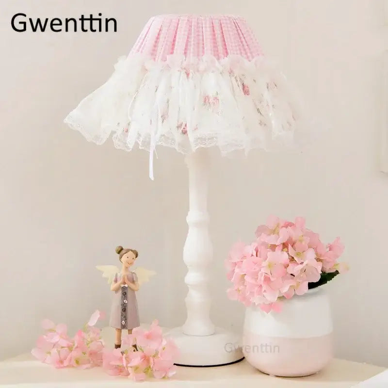 Korean lace princess white table lamp bedroom floral light