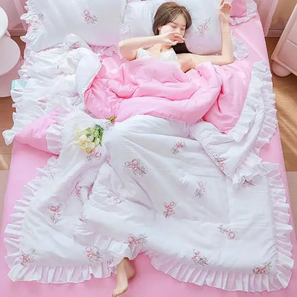 DecorBites™ Korean Princess Ruffles Embroidered Quilt Set
