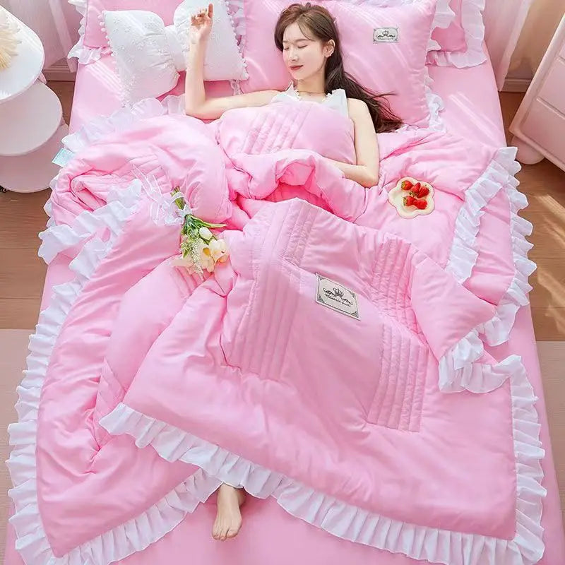 DecorBites™ Korean Princess Ruffles Embroidered Quilt Set