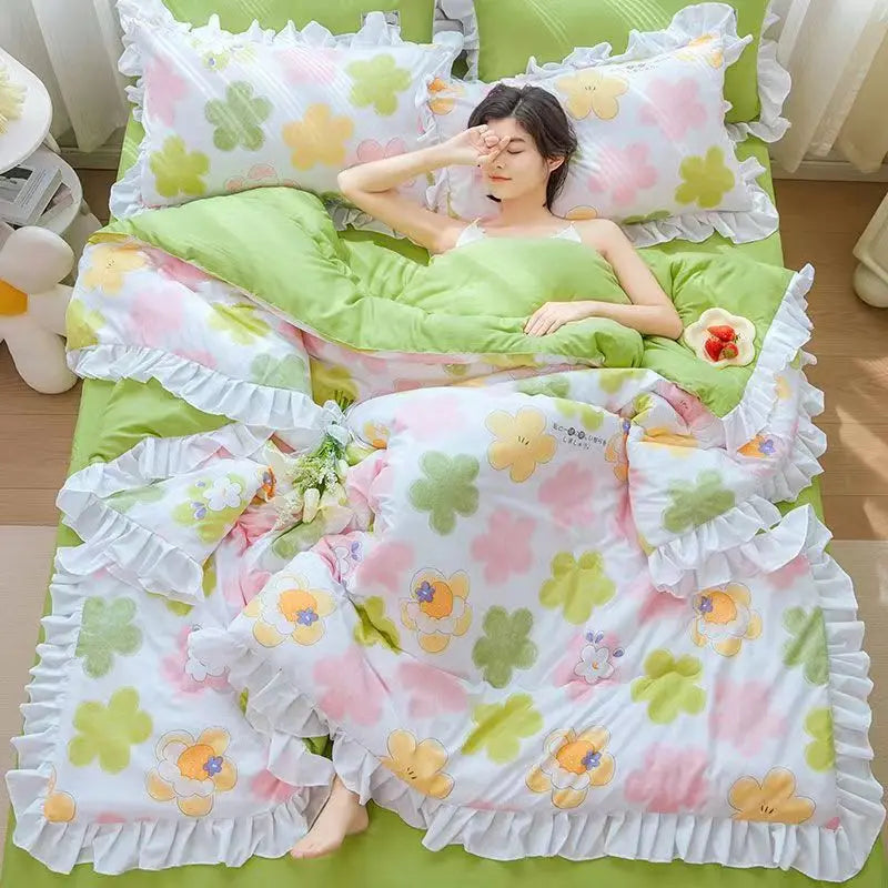 DecorBites™ Korean Princess Ruffles Embroidered Quilt Set