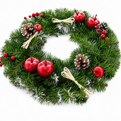 Ukrainian Christmas Wreath w. Frosted Straw Bows, Apples & Pine Cones 16 Inches