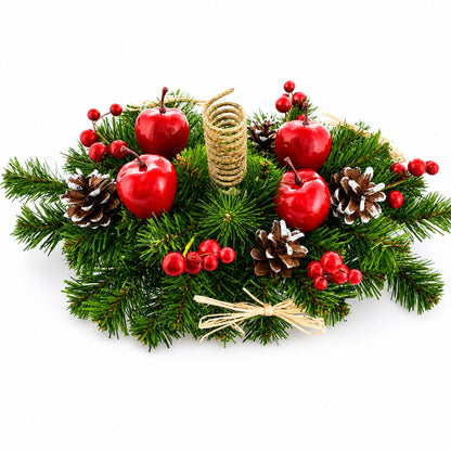 Ukrainian Candle Holder Decoration with Straw Bow, Apples & Pine Cones 16 Inches