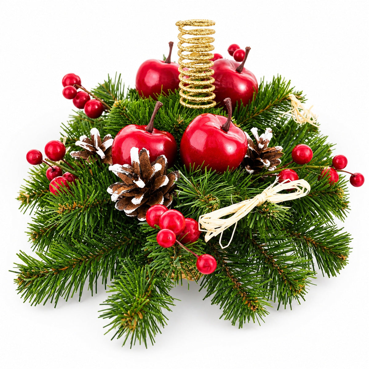 Ukrainian Candle Holder Decoration with Straw Bow, Apples & Pine Cones 16 Inches