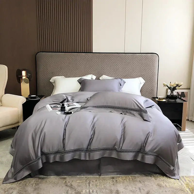 Lace trim eucalyptus lyocell luxury bedding set bedroom white satin