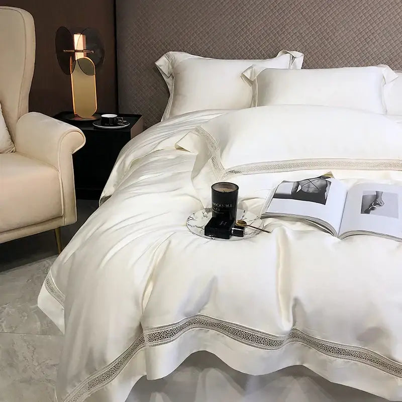 Lace trim eucalyptus lyocell luxury bedding set bedroom white satin