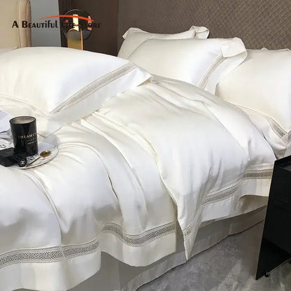 Lace trim eucalyptus lyocell luxury bedding set bedroom white satin