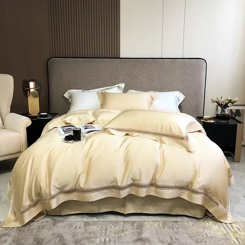 Lace trim eucalyptus lyocell luxury bedding set bedroom white satin
