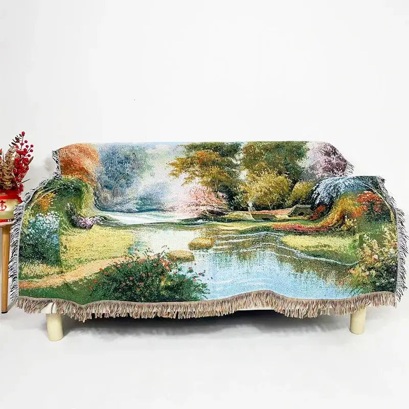 Landscape fringed jacquard sofa blanket living room throw