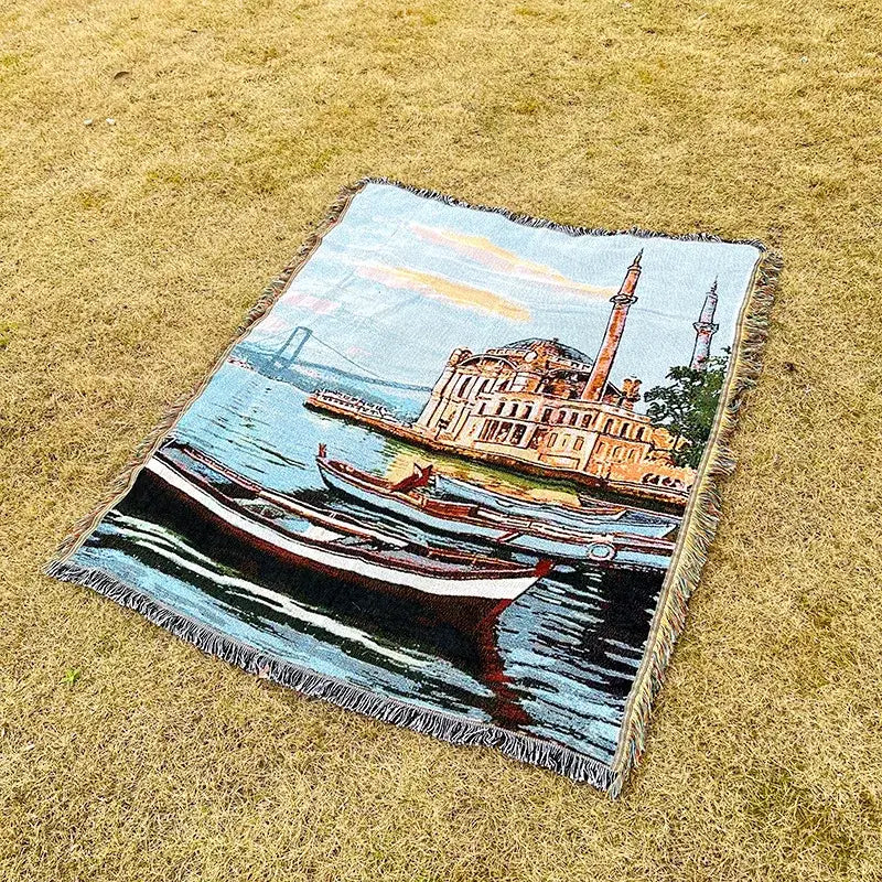 Landscape fringed jacquard sofa blanket living room throw