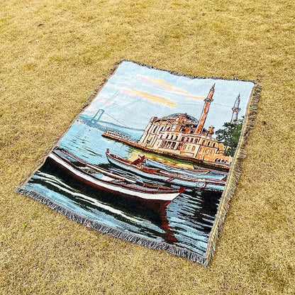 Landscape fringed jacquard sofa blanket living room throw