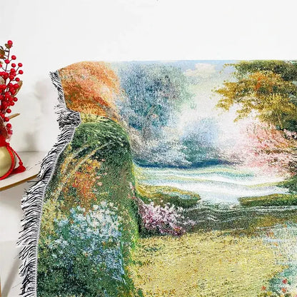 Landscape fringed jacquard sofa blanket living room throw