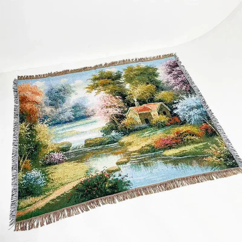 Landscape fringed jacquard sofa blanket living room throw