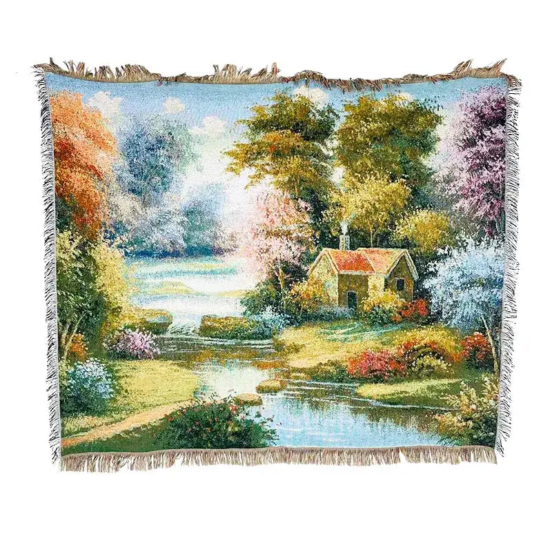 Landscape fringed jacquard sofa blanket living room throw